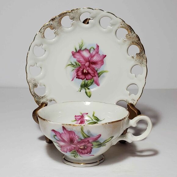 Lefton Teacup and Saucer Pink Orchid Vintage Reticulated - Picture 9 of 9